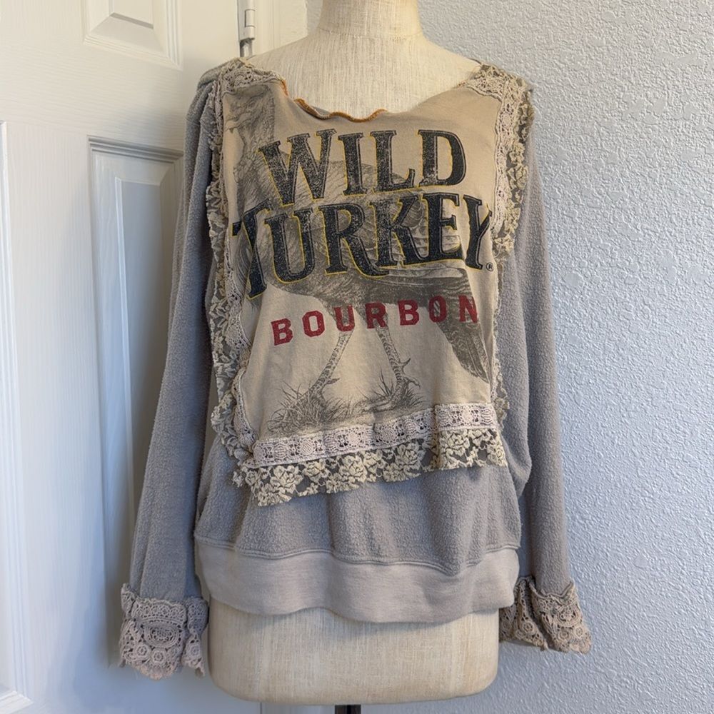 Dream Scene wild turkey bourbon lace trim sweatshirt